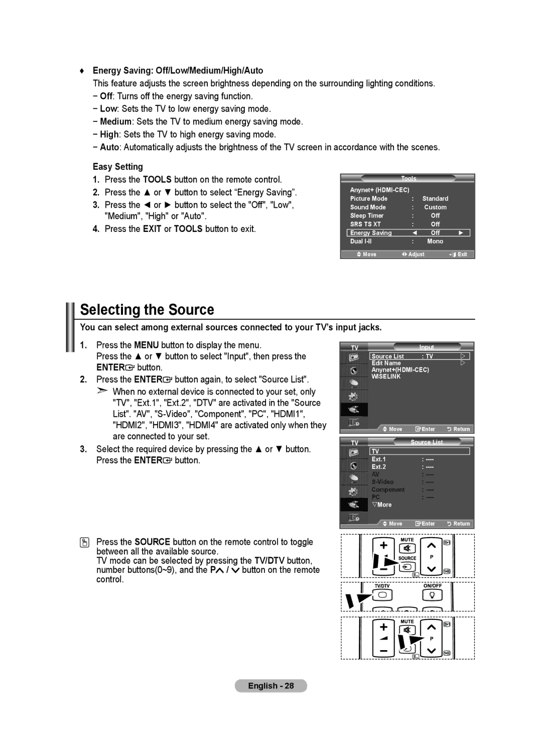 Samsung BN68-01412D-00 user manual Selecting the Source, Energy Saving Off/Low/Medium/High/Auto 