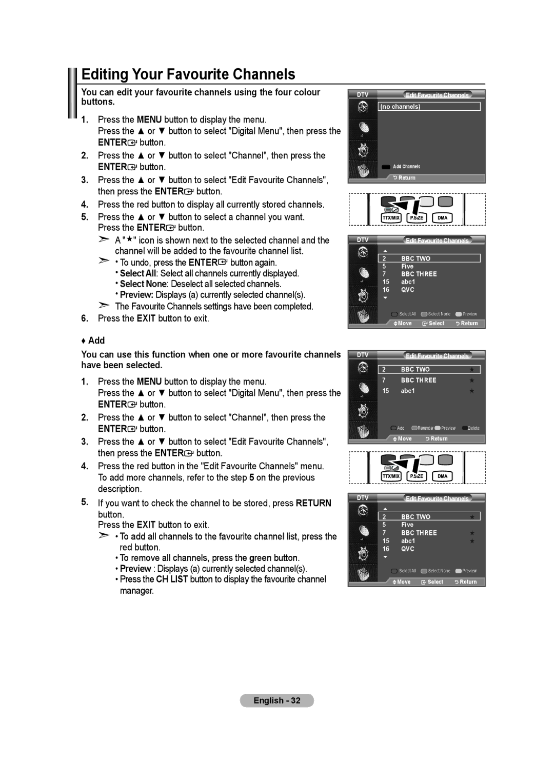 Samsung BN68-01412D-00 user manual Editing Your Favourite Channels, Enter button 