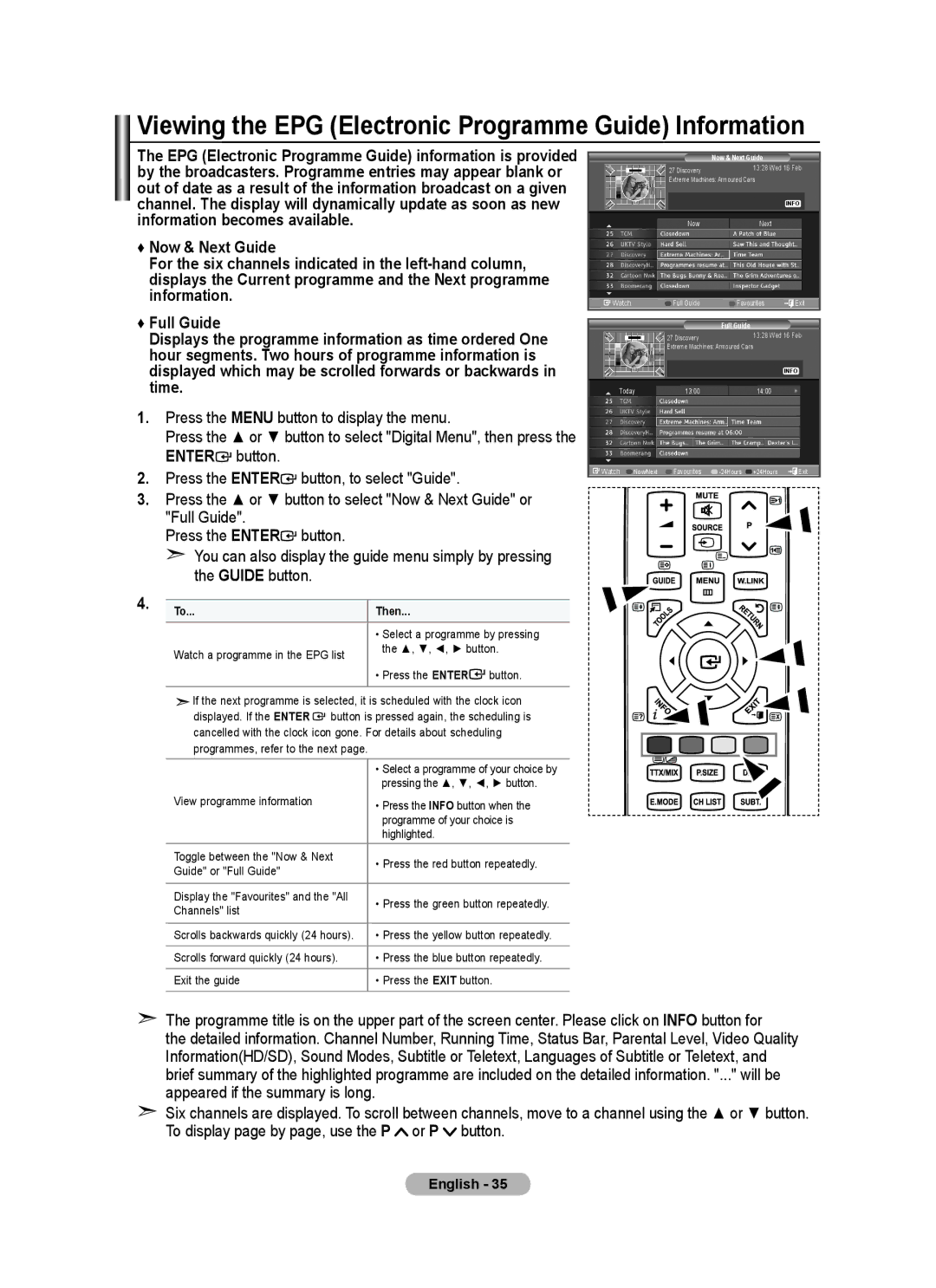 Samsung BN68-01412D-00 user manual Viewing the EPG Electronic Programme Guide Information, Then 