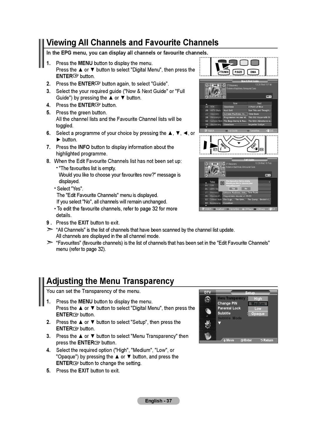 Samsung BN68-01412D-00 user manual Viewing All Channels and Favourite Channels, Adjusting the Menu Transparency 