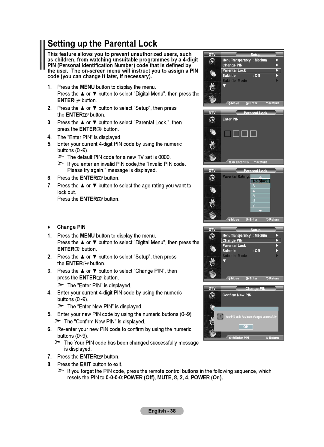 Samsung BN68-01412D-00 user manual Setting up the Parental Lock, Code you can change it later, if necessary, Change PIN 