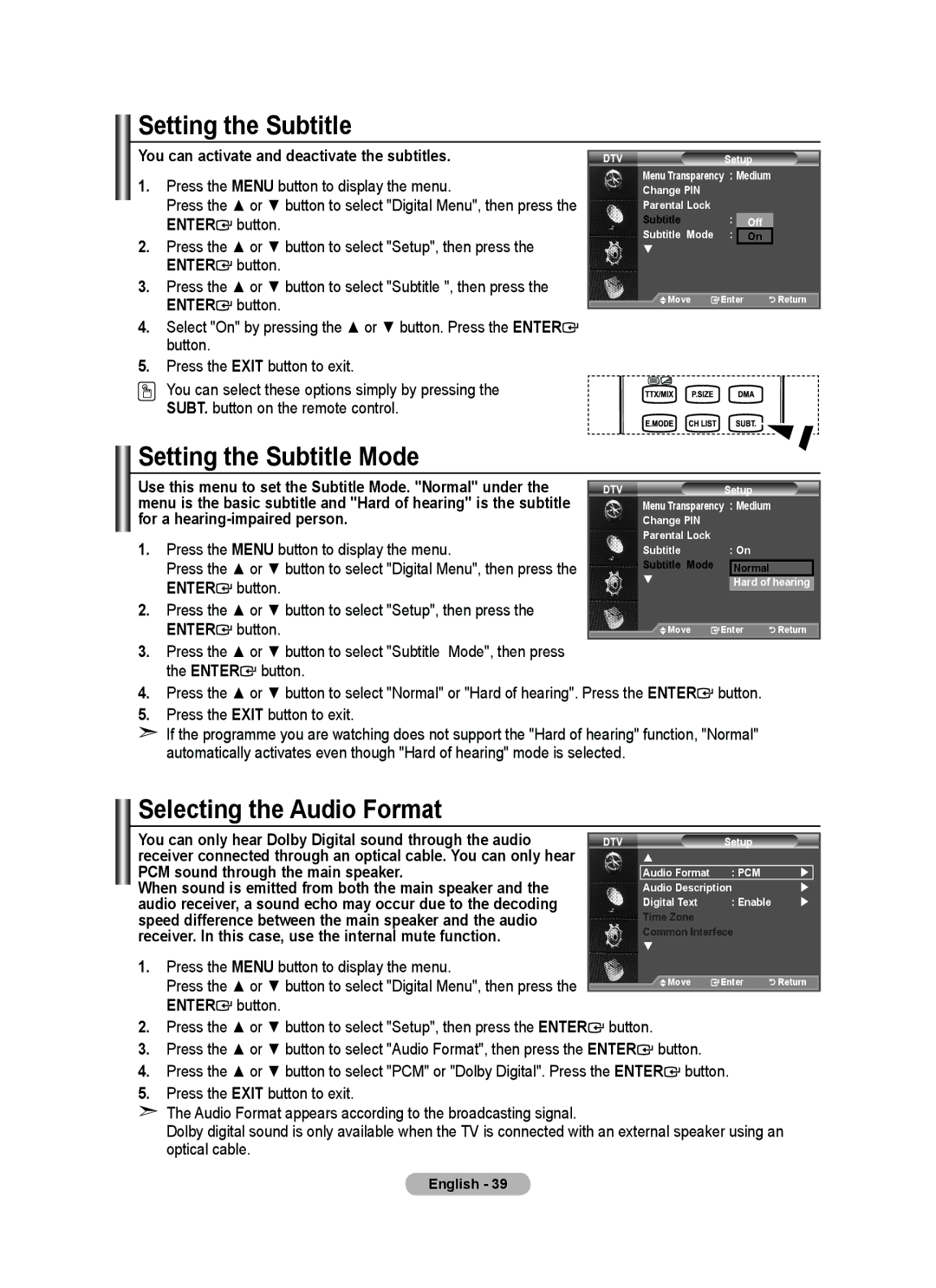 Samsung BN68-01412D-00 user manual Setting the Subtitle Mode, Selecting the Audio Format 