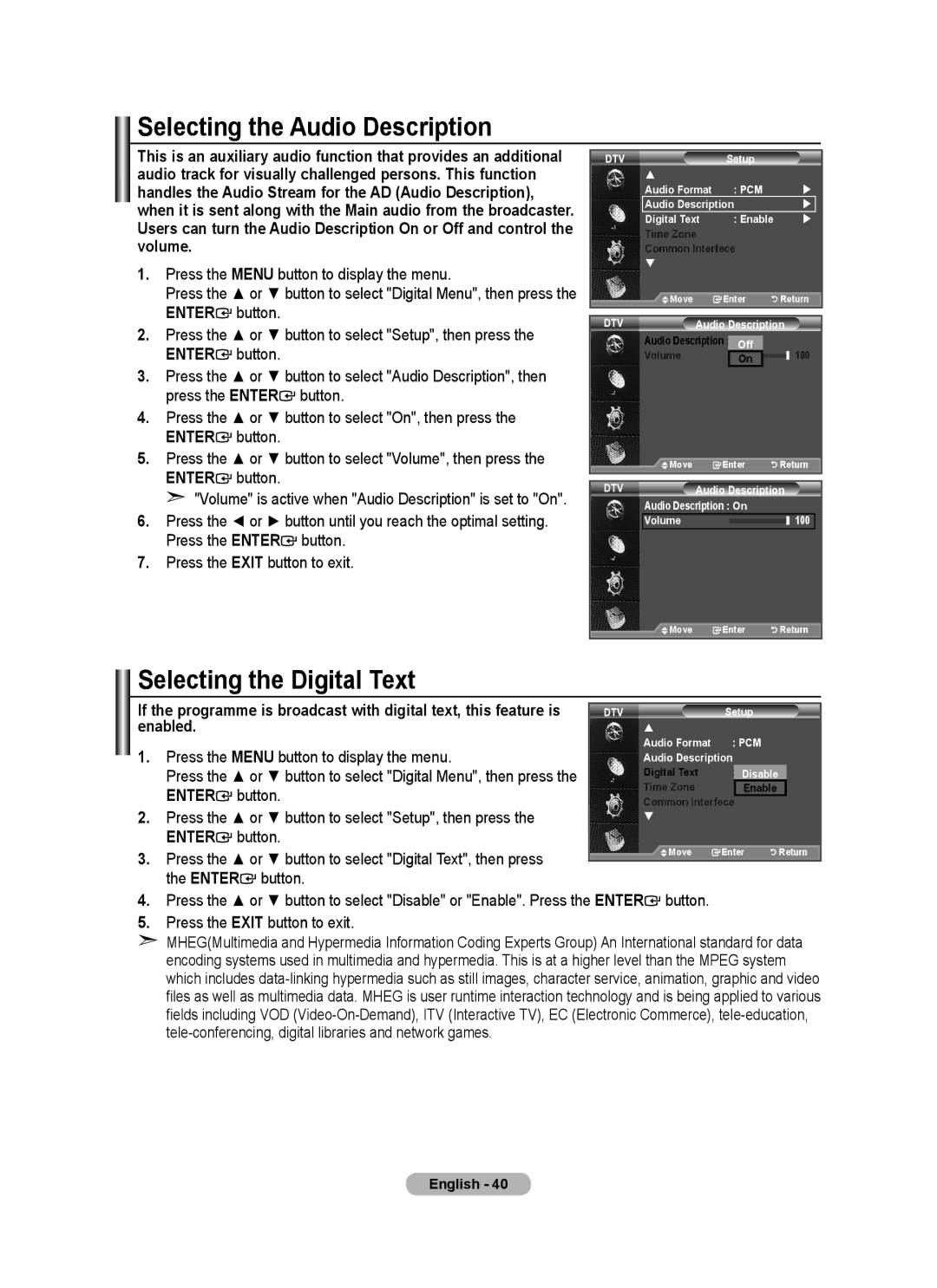 Samsung BN68-01412D-00 user manual Selecting the Audio Description, Selecting the Digital Text 