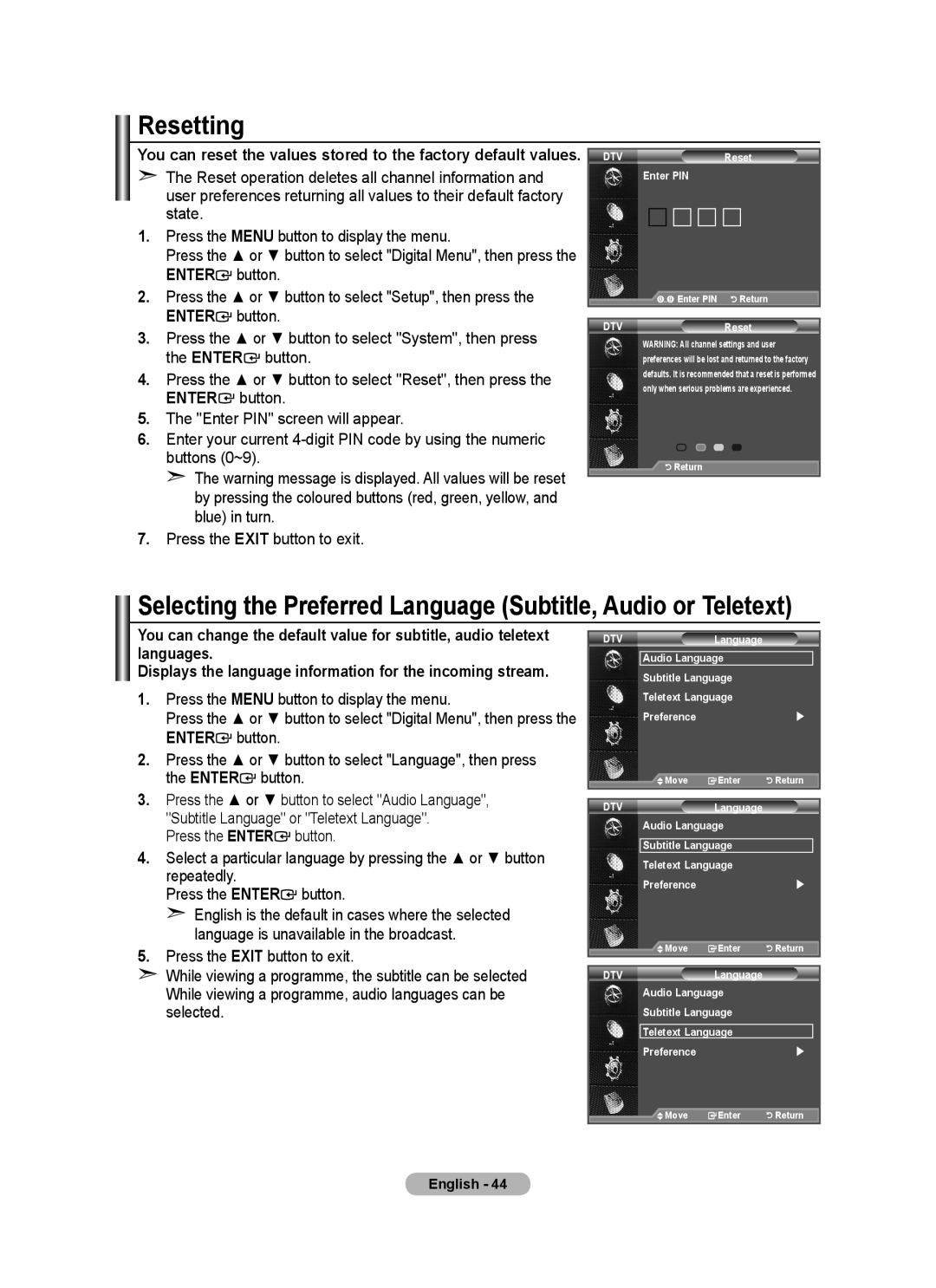 Samsung BN68-01412D-00 user manual Resetting, Selecting the Preferred Language Subtitle, Audio or Teletext 