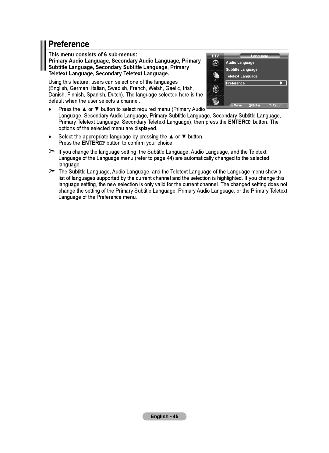 Samsung BN68-01412D-00 user manual Preference, This menu consists of 6 sub-menus 