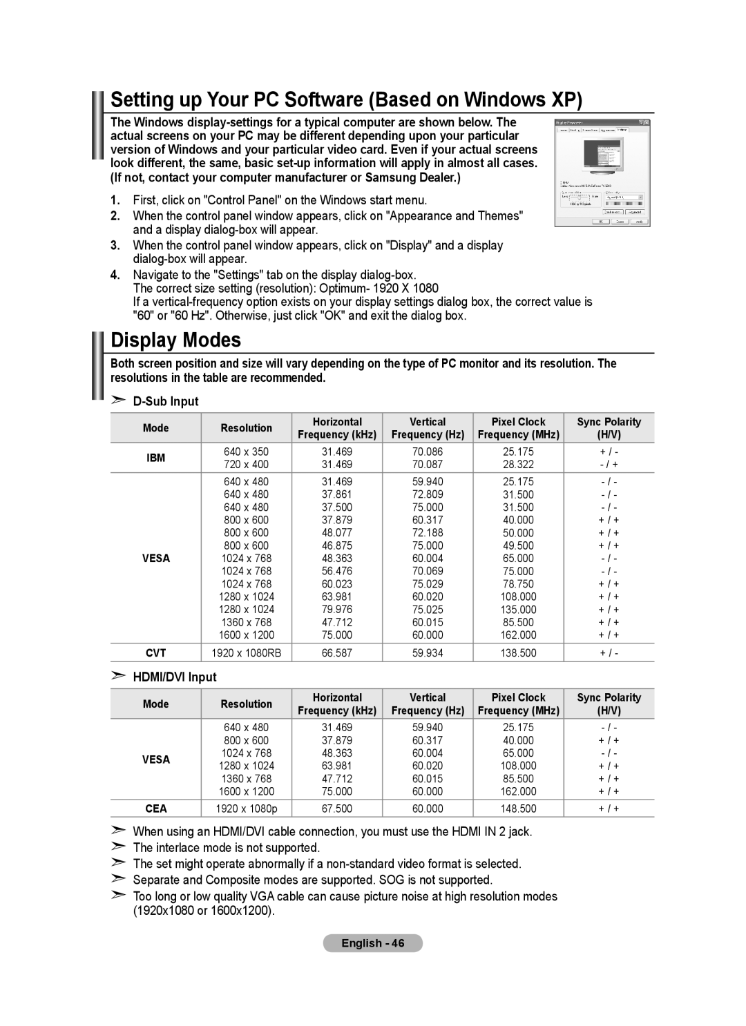 Samsung BN68-01412D-00 user manual Setting up Your PC Software Based on Windows XP, Display Modes, HDMI/DVI Input 