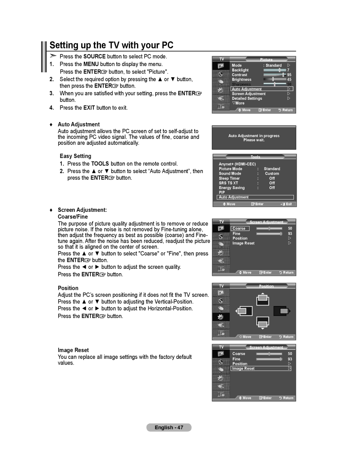 Samsung BN68-01412D-00 Setting up the TV with your PC, Press the Source button to select PC mode, Auto Adjustment 