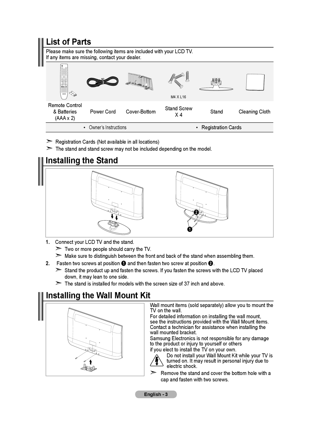 Samsung BN68-01412D-00 List of Parts, Installing the Stand, Installing the Wall Mount Kit, Power Cord Cover-Bottom Stand 