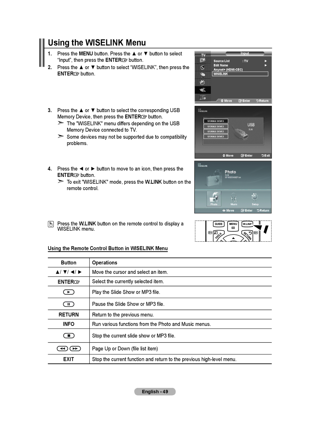 Samsung BN68-01412D-00 user manual Using the Wiselink Menu, Using the Remote Control Button in Wiselink Menu, Operations 