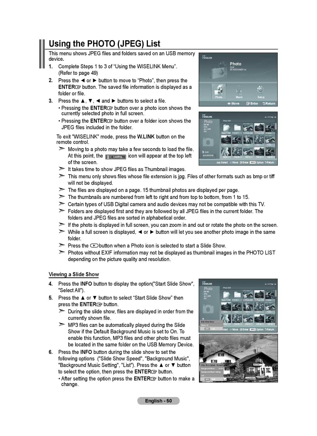 Samsung BN68-01412D-00 user manual Using the Photo Jpeg List, Viewing a Slide Show 