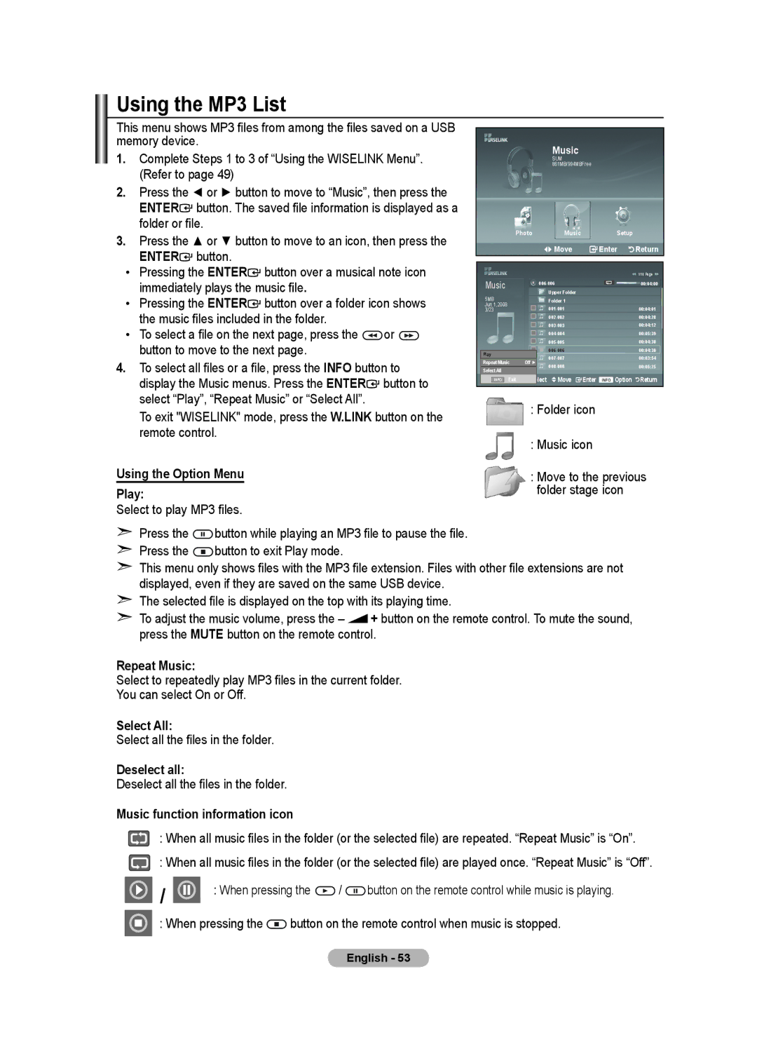 Samsung BN68-01412D-00 Using the MP3 List, Using the Option Menu Play, Repeat Music, Music function information icon 