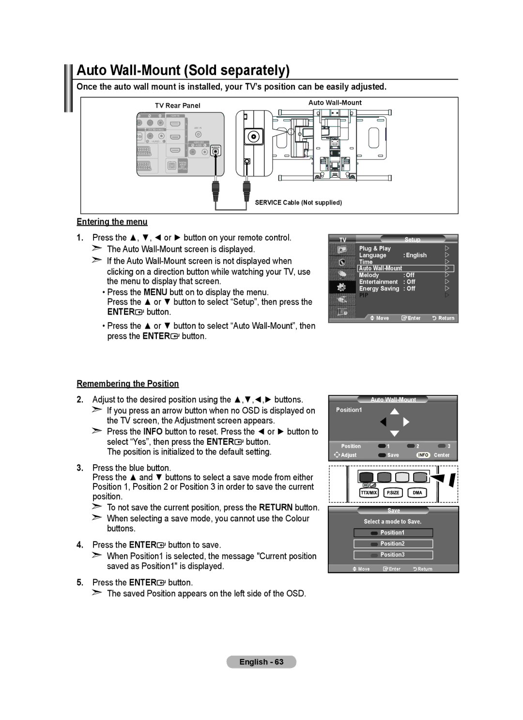 Samsung BN68-01412D-00 user manual Auto Wall-Mount Sold separately, Entering the menu, Remembering the Position 