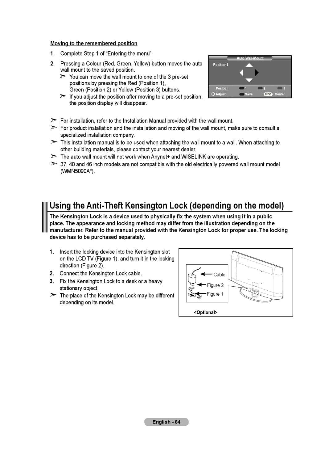 Samsung BN68-01412D-00 Using the Anti-Theft Kensington Lock depending on the model, Moving to the remembered position 