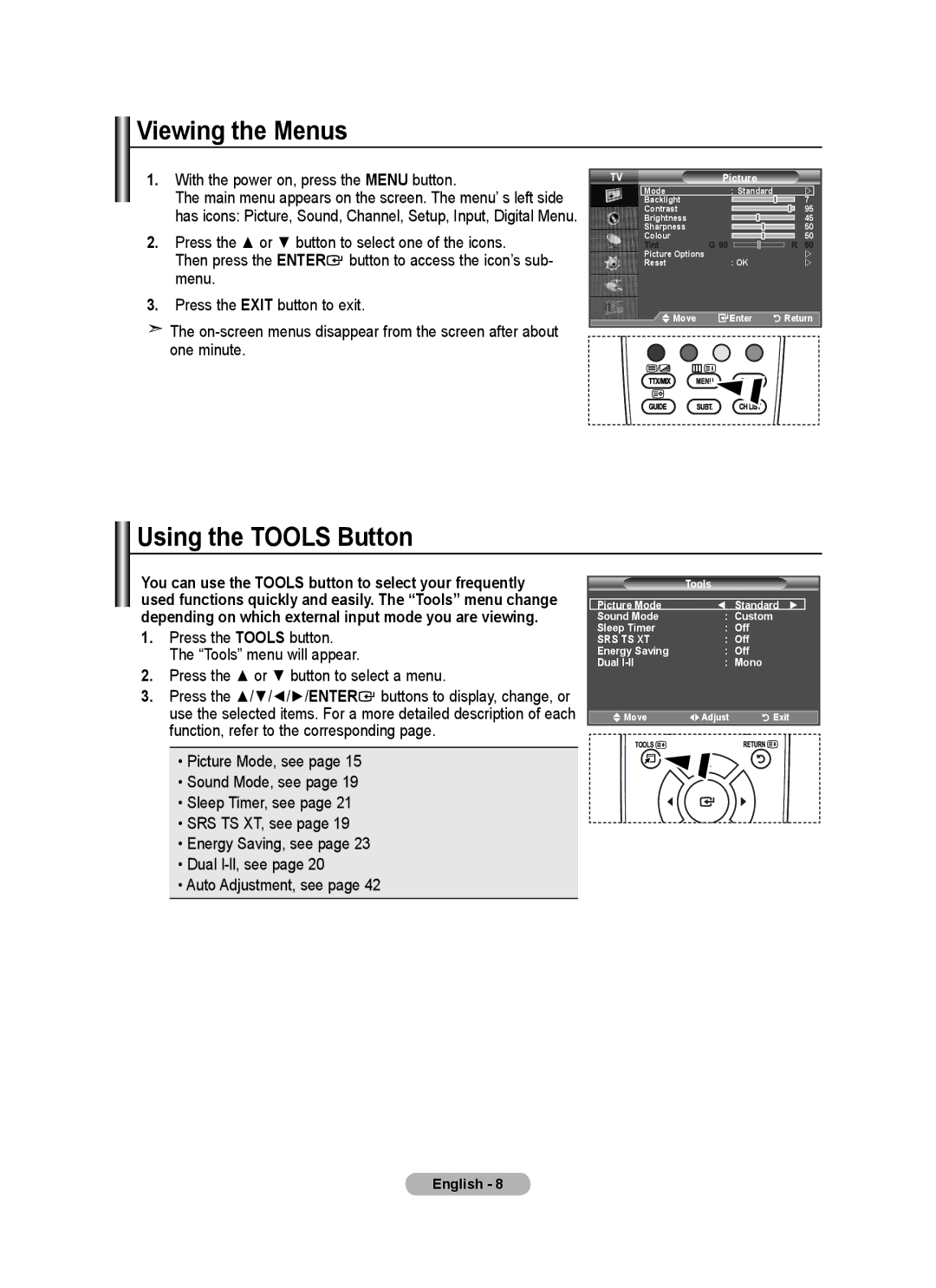 Samsung BN68-01412M-00 user manual Viewing the Menus, Using the Tools Button, With the power on, press the Menu button 