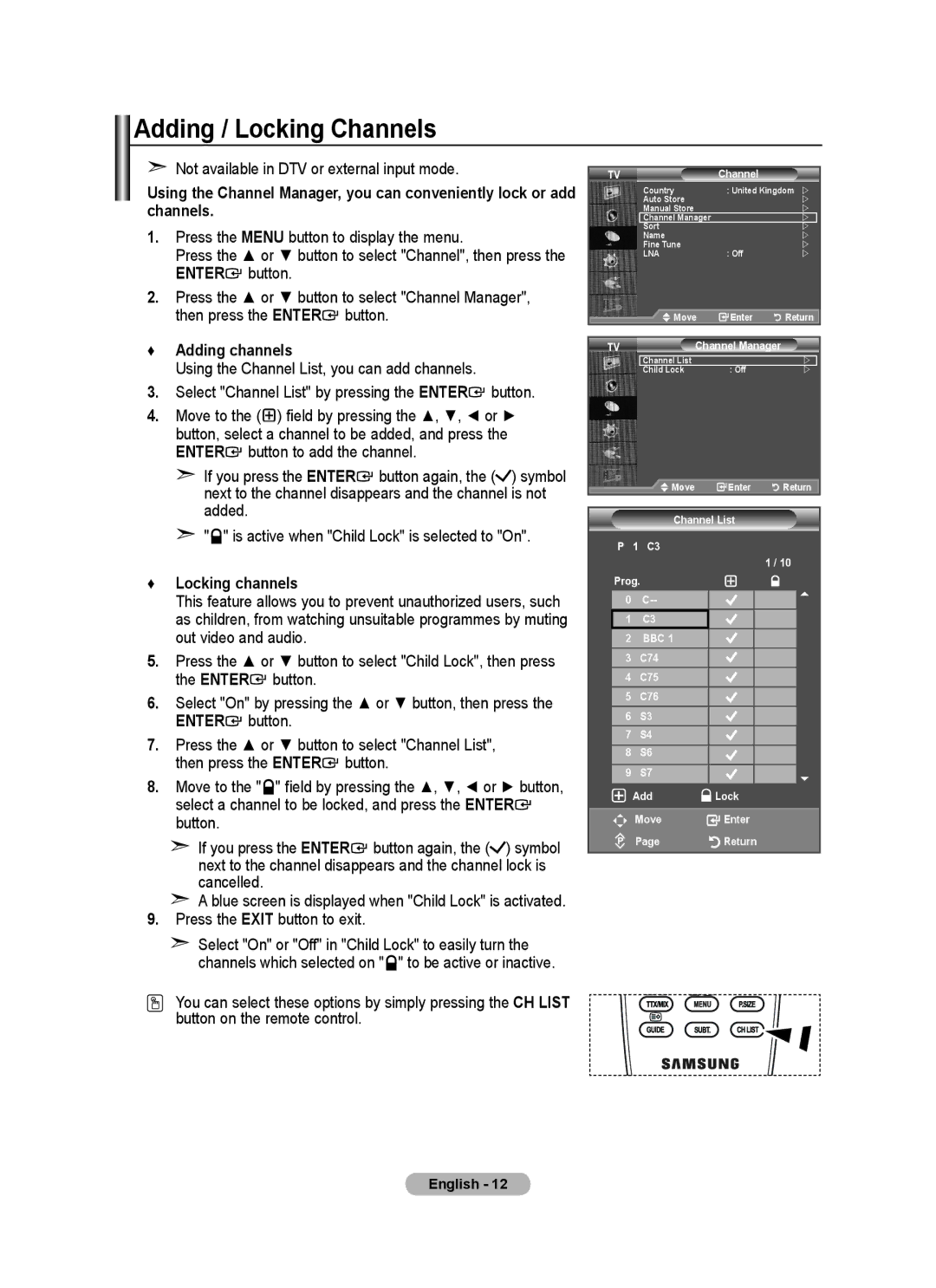 Samsung BN68-01412M-00 user manual Adding / Locking Channels, Not available in DTV or external input mode, Adding channels 