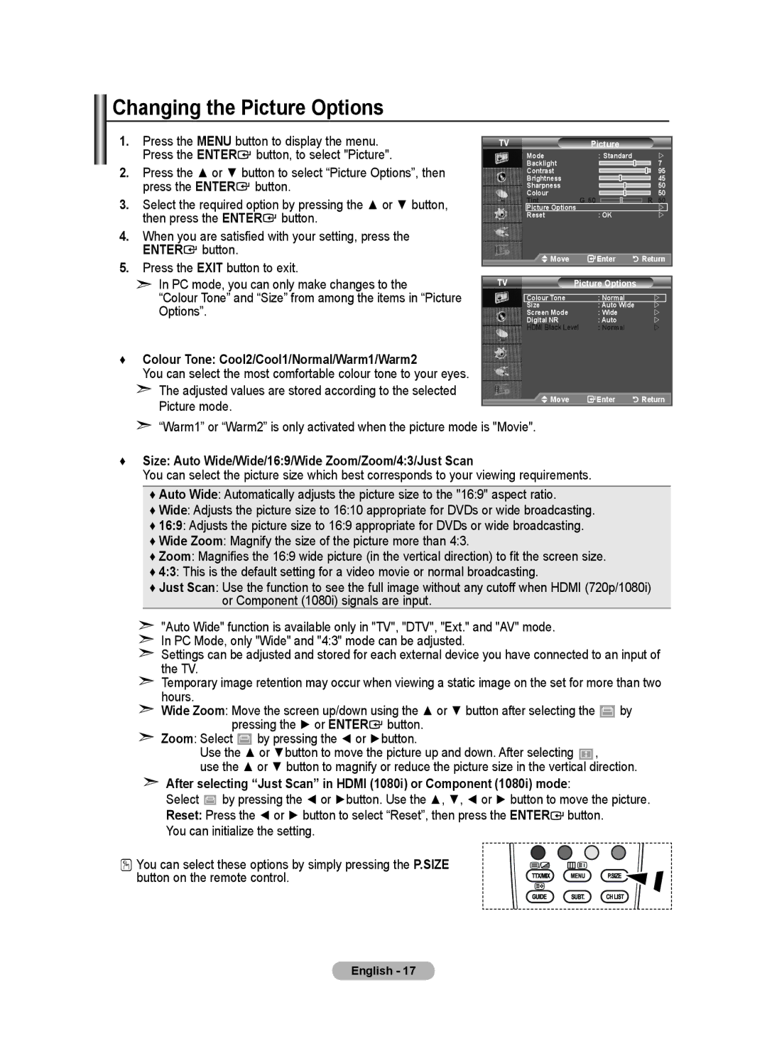 Samsung BN68-01412M-00 user manual Changing the Picture Options, Colour Tone Cool2/Cool1/Normal/Warm1/Warm2 