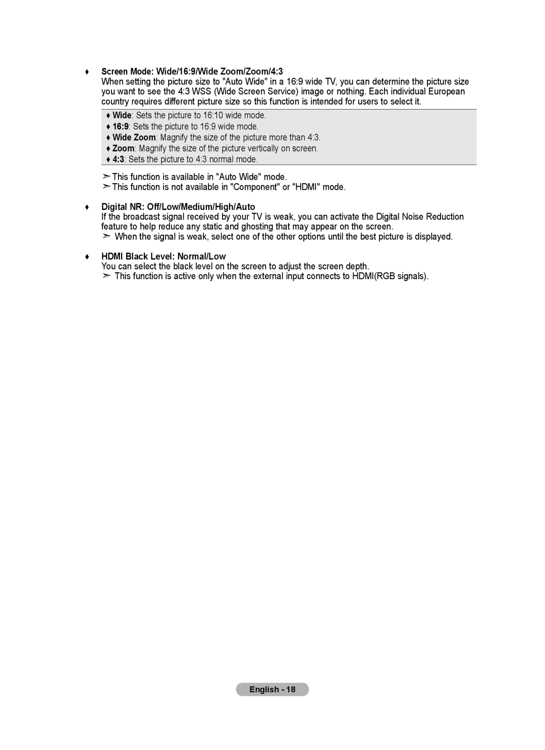 Samsung BN68-01412M-00 user manual Screen Mode Wide/169/Wide Zoom/Zoom/43, Digital NR Off/Low/Medium/High/Auto 