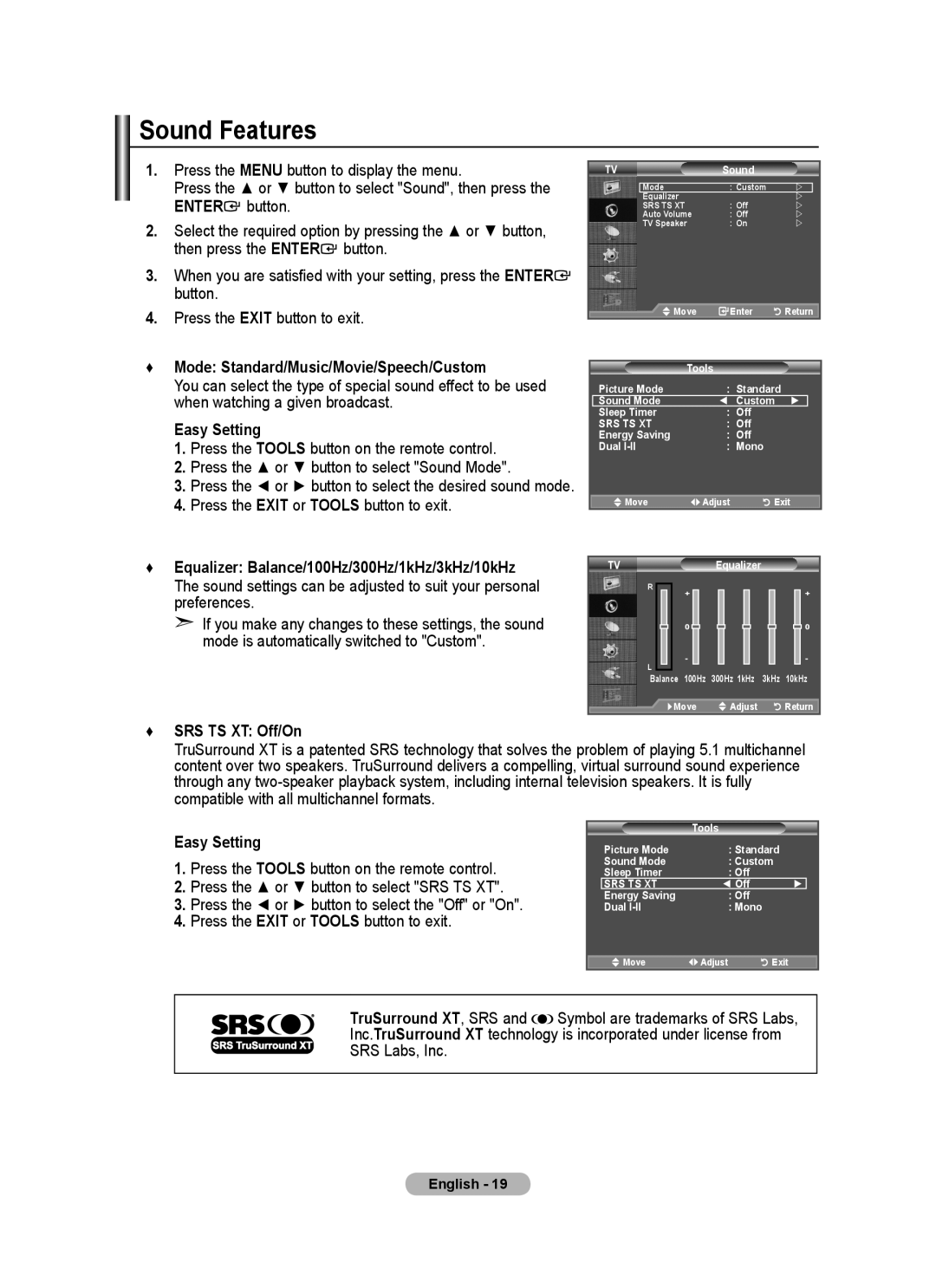 Samsung BN68-01412M-00 user manual Sound Features, Mode Standard/Music/Movie/Speech/Custom, SRS TS XT Off/On 