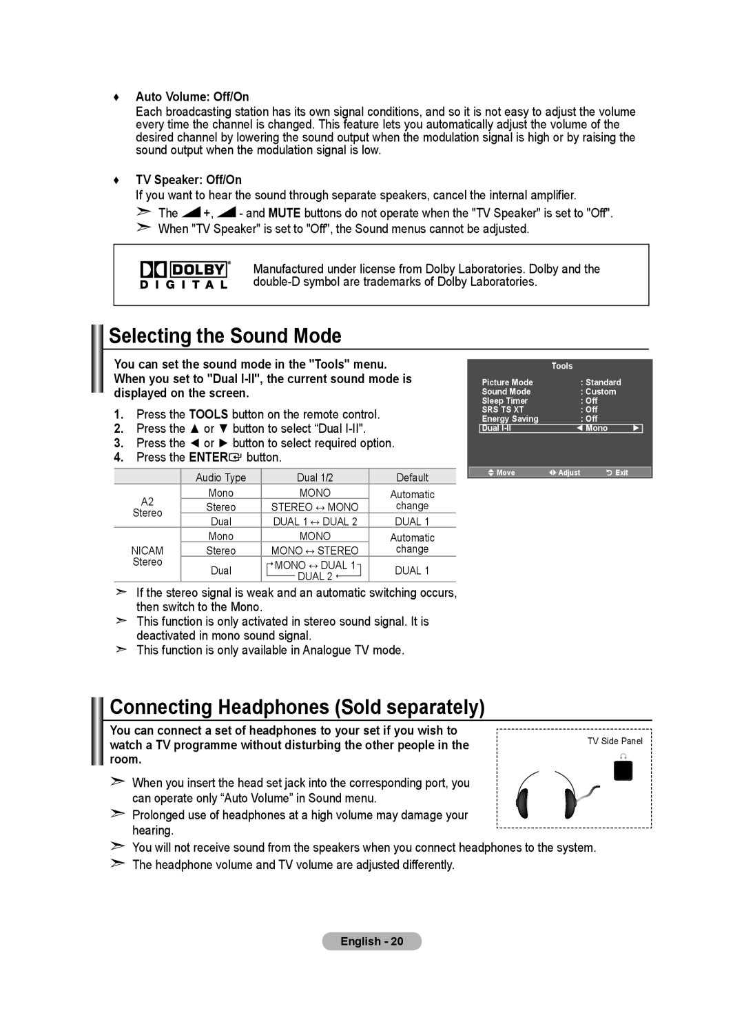 Samsung BN68-01412M-00 user manual Selecting the Sound Mode, Connecting Headphones Sold separately, Auto Volume Off/On 