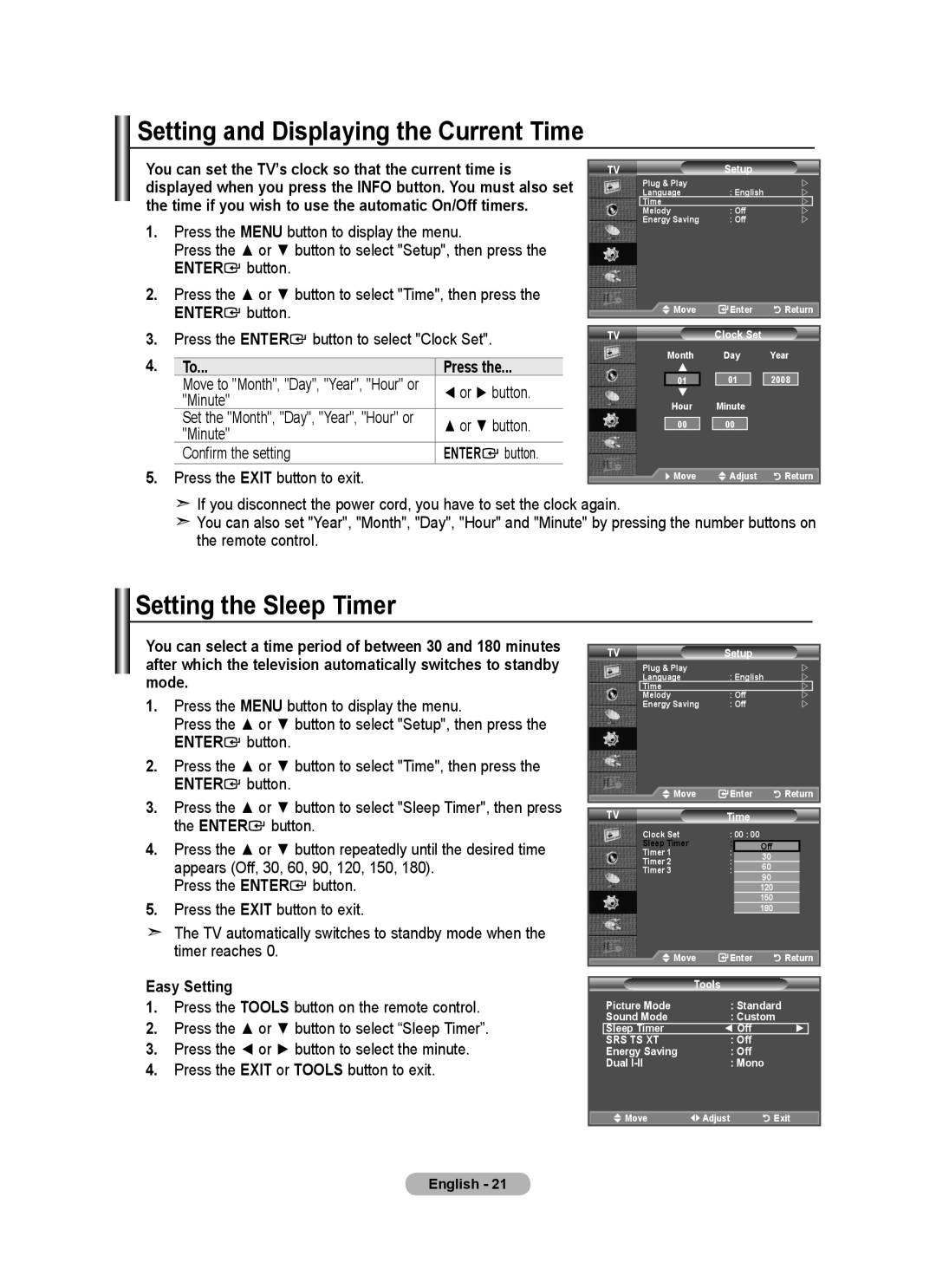 Samsung BN68-01412M-00 user manual Setting and Displaying the Current Time, Setting the Sleep Timer, Press 