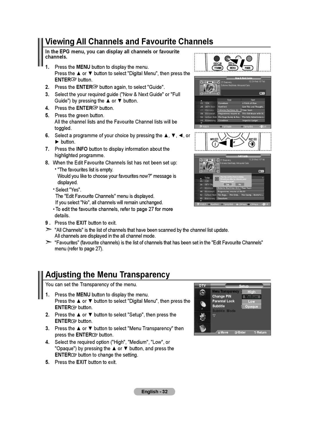 Samsung BN68-01412M-00 user manual Viewing All Channels and Favourite Channels, Adjusting the Menu Transparency 