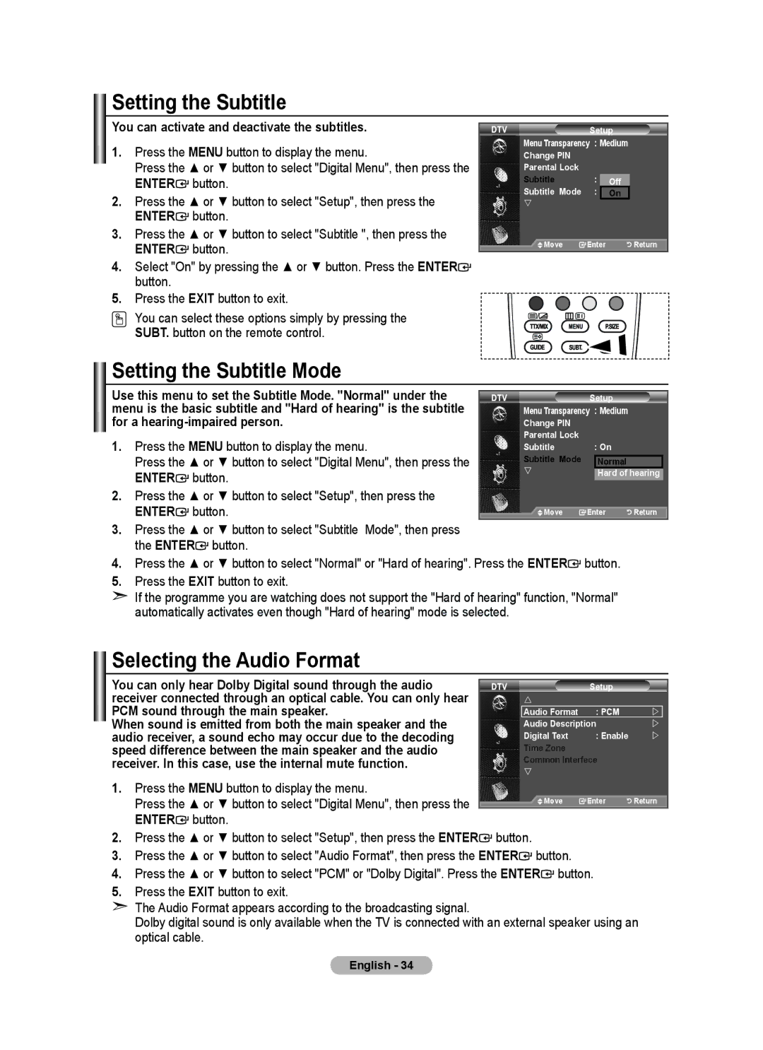 Samsung BN68-01412M-00 user manual Setting the Subtitle Mode, Selecting the Audio Format 