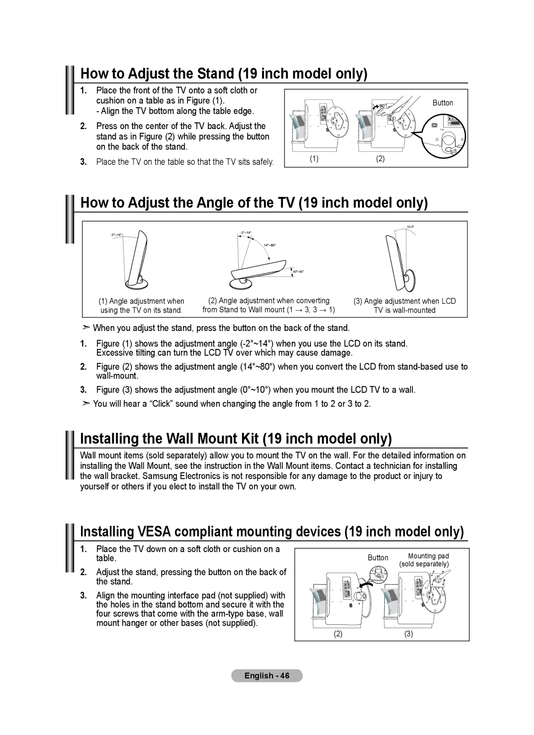 Samsung BN68-01412M-00 How to Adjust the Stand 19 inch model only, How to Adjust the Angle of the TV 19 inch model only 