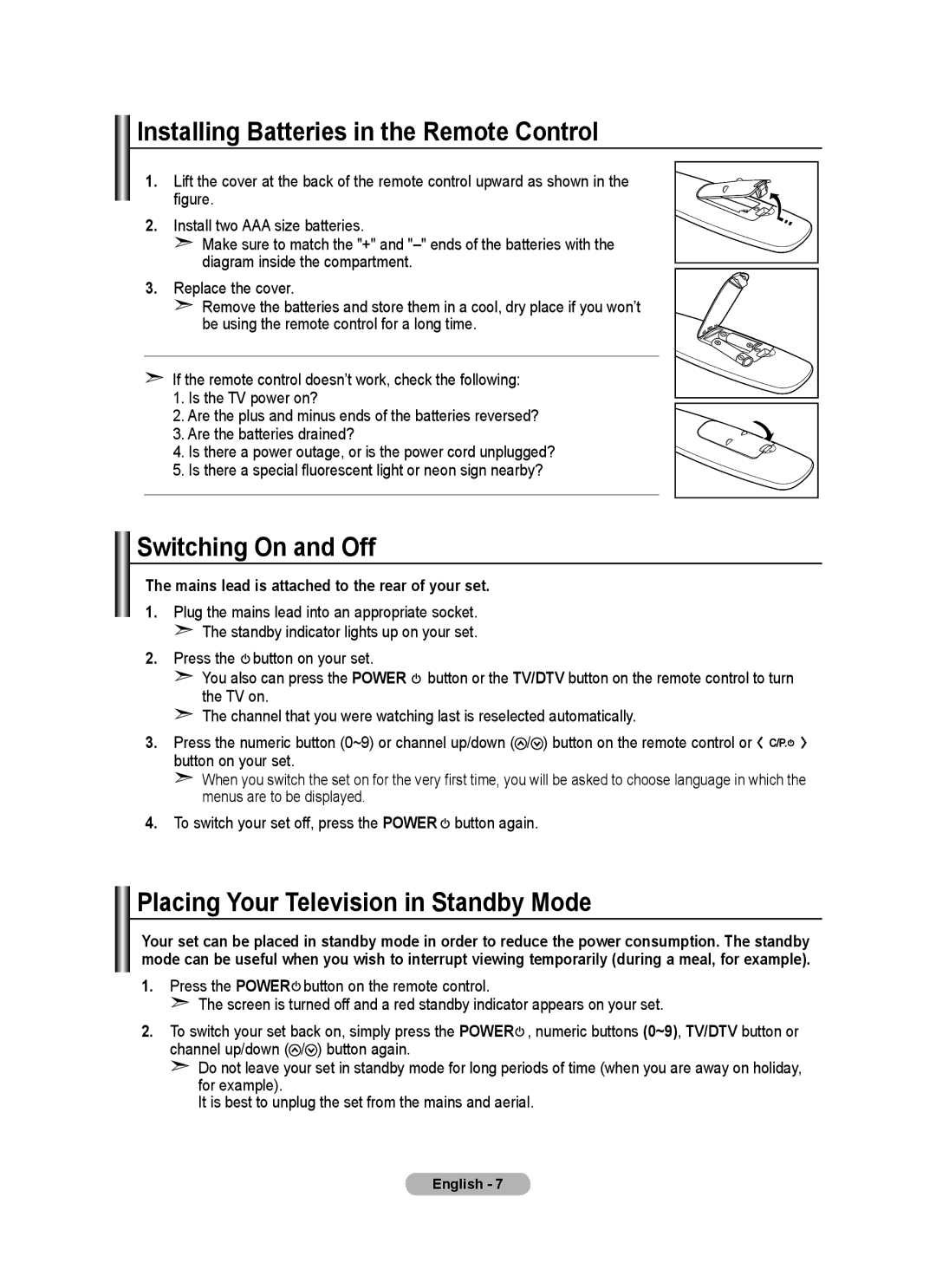 Samsung BN68-01412M-00 user manual Installing Batteries in the Remote Control, Switching On and Off 