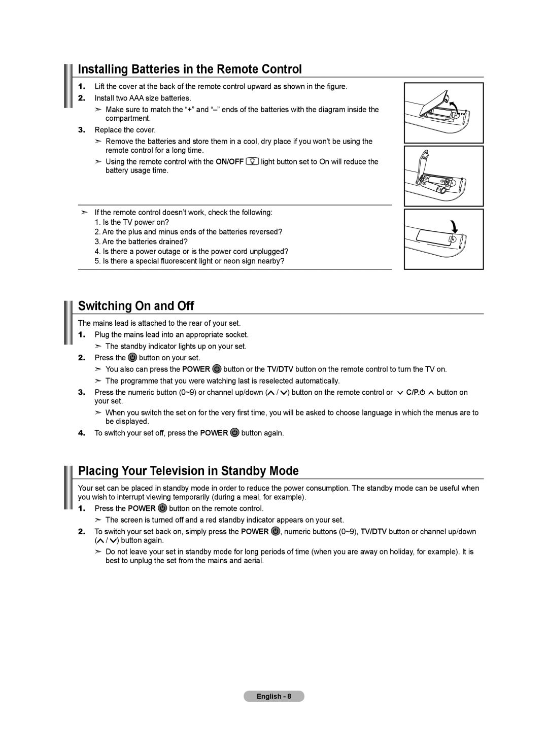 Samsung BN68-01412T-00 user manual Installing Batteries in the Remote Control, Switching On and Off 