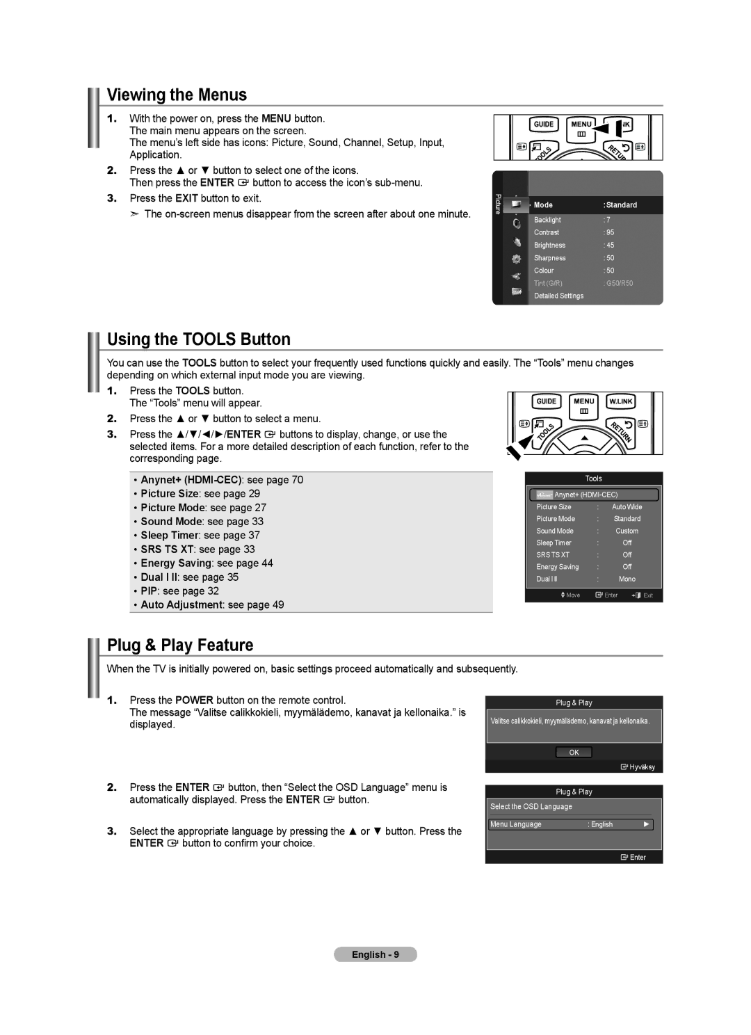 Samsung BN68-01412T-00 user manual Viewing the Menus, Using the Tools Button, Plug & Play Feature 