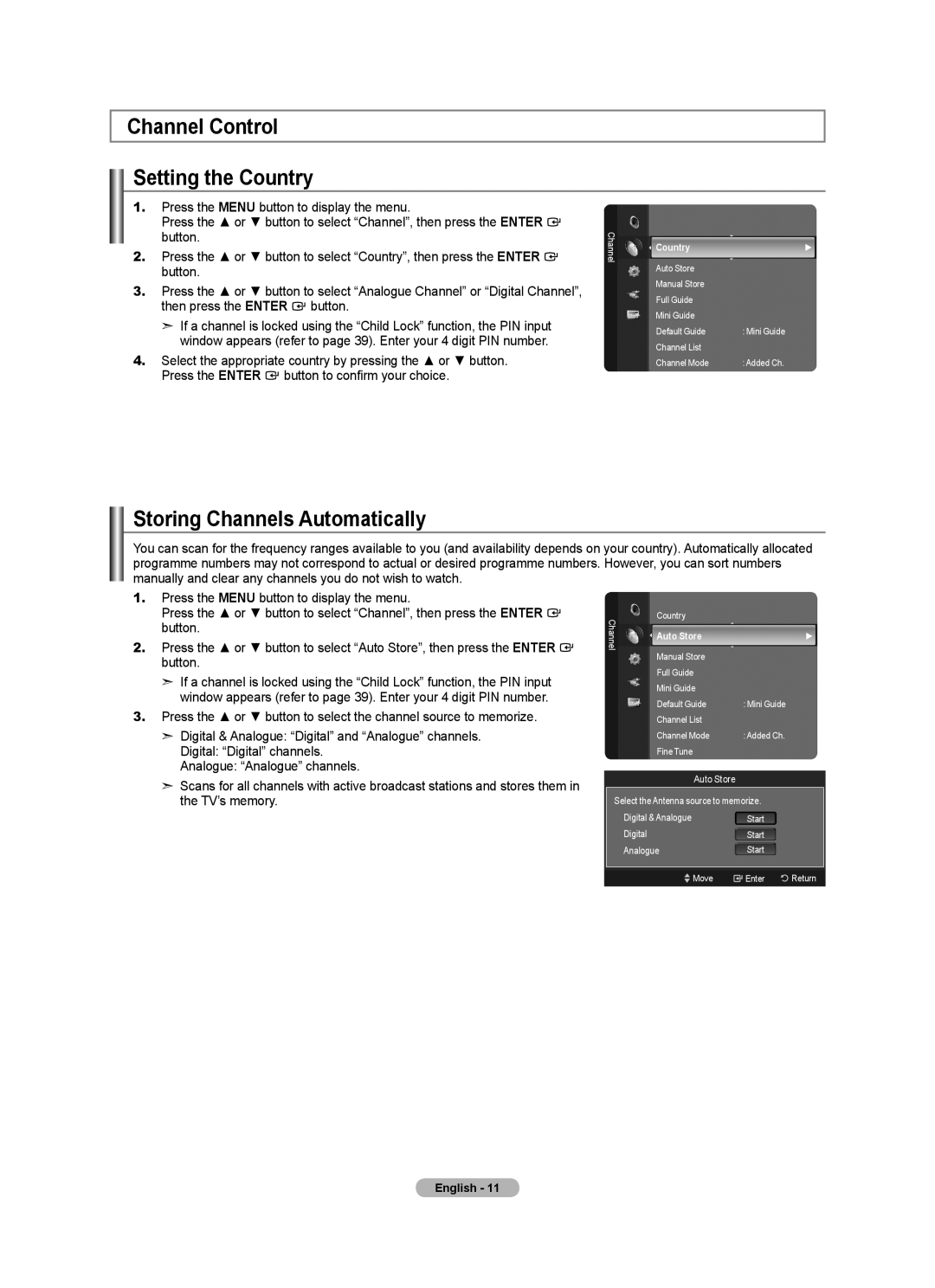 Samsung BN68-01412T-00 user manual Channel Control Setting the Country, Storing Channels Automatically, Auto Store 