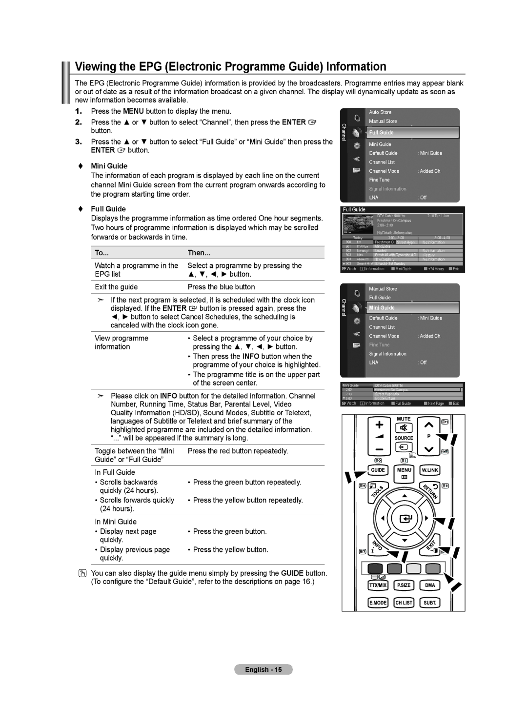 Samsung BN68-01412T-00 user manual Viewing the EPG Electronic Programme Guide Information,  Mini Guide,  Full Guide, Then 