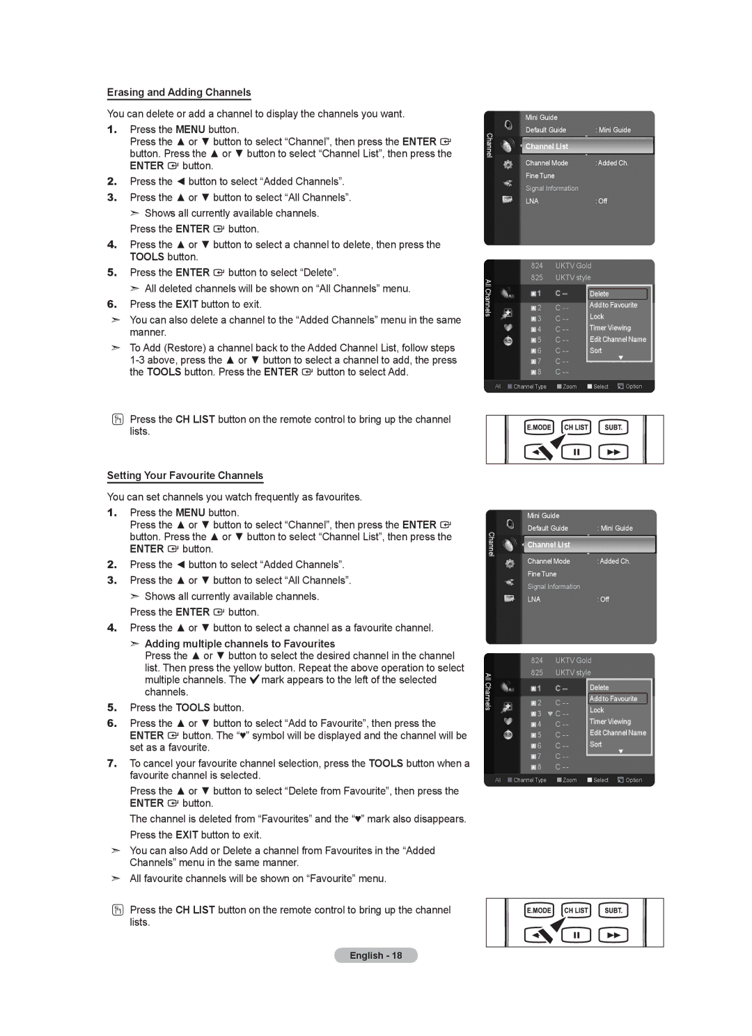 Samsung BN68-01412T-00 user manual Erasing and Adding Channels, Setting Your Favourite Channels 