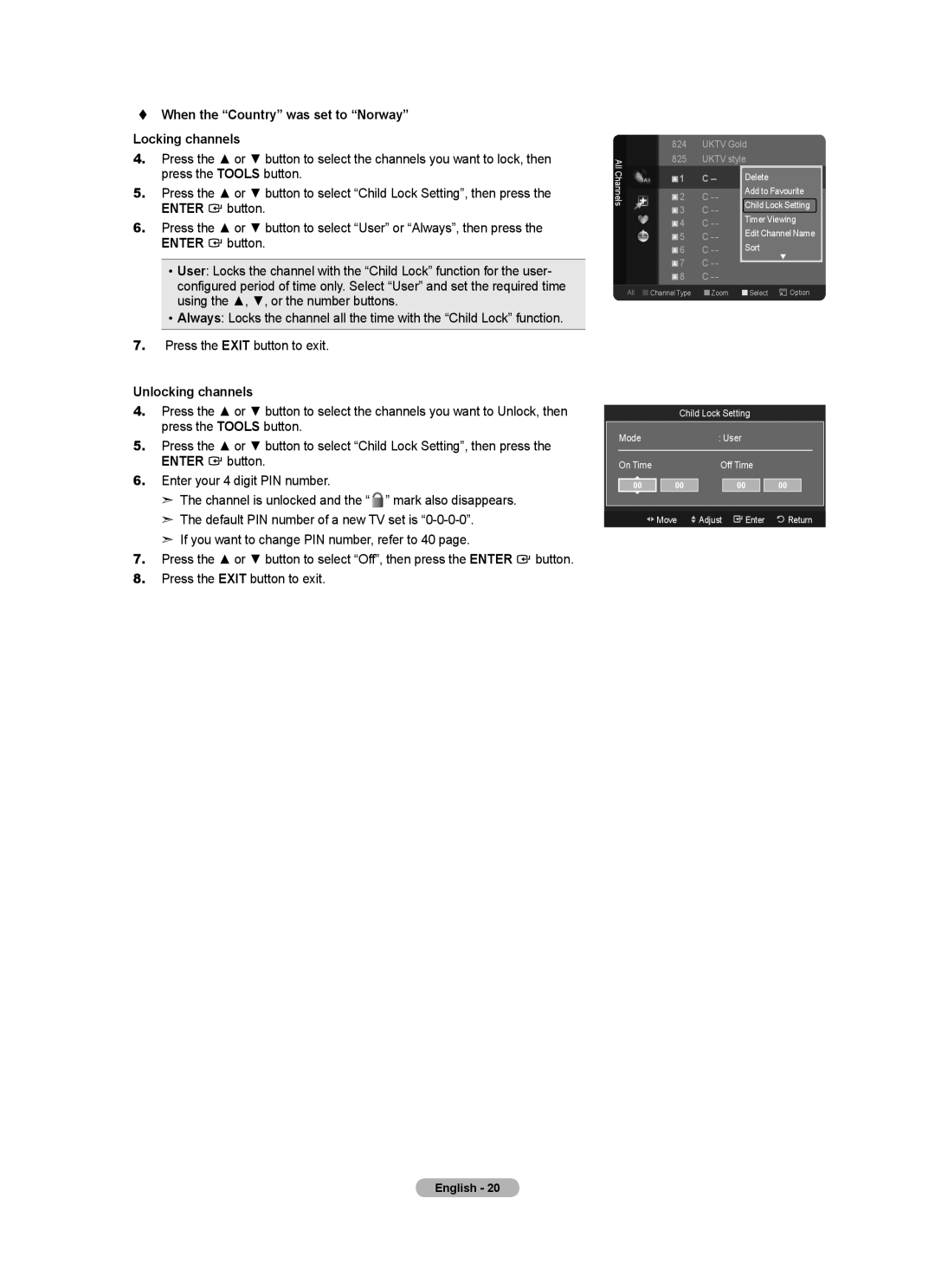 Samsung BN68-01412T-00 user manual  When the Country was set to Norway Locking channels, Mode User On Time Off Time 