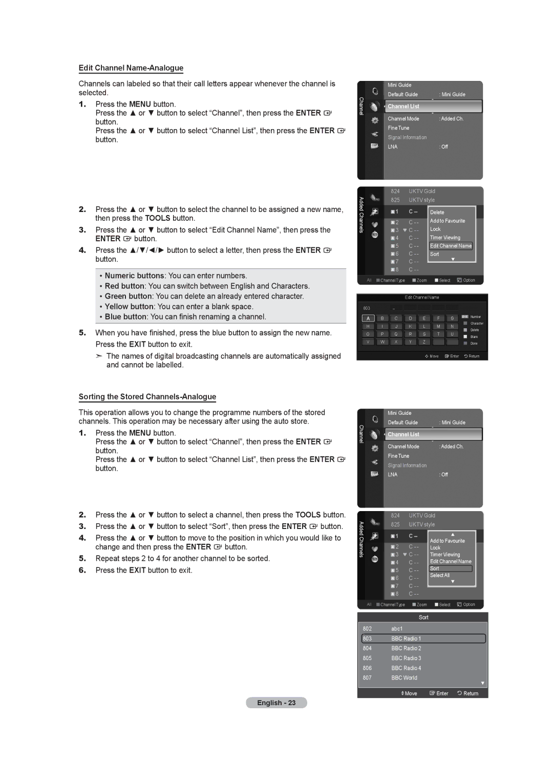 Samsung BN68-01412T-00 user manual Edit Channel Name-Analogue, Sorting the Stored Channels-Analogue 