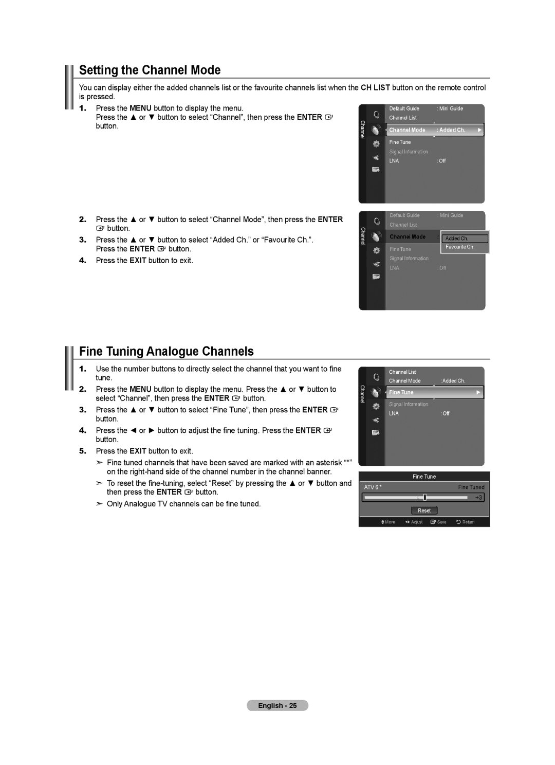 Samsung BN68-01412T-00 Setting the Channel Mode, Fine Tuning Analogue Channels, Channel Mode Added Ch, Fine Tune 