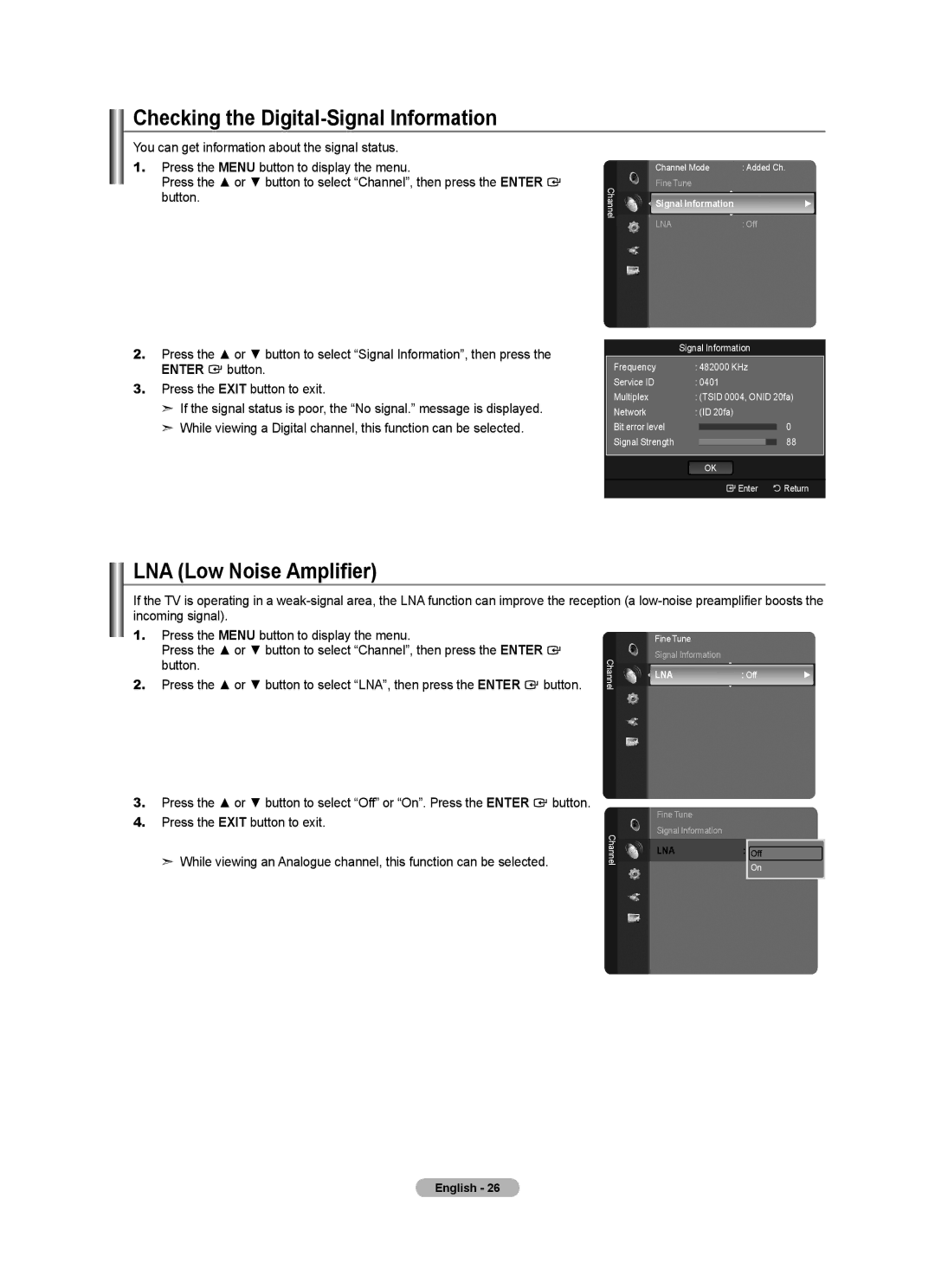 Samsung BN68-01412T-00 user manual Checking the Digital-Signal Information, LNA Low Noise Amplifier, LNA Off 