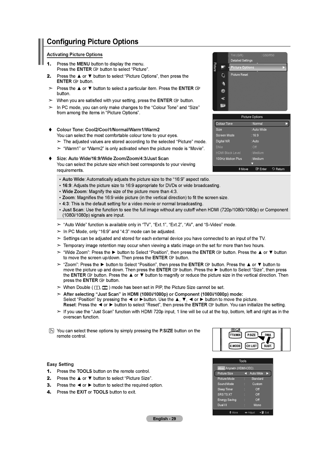 Samsung BN68-01412T-00 user manual Configuring Picture Options, Activating Picture Options 