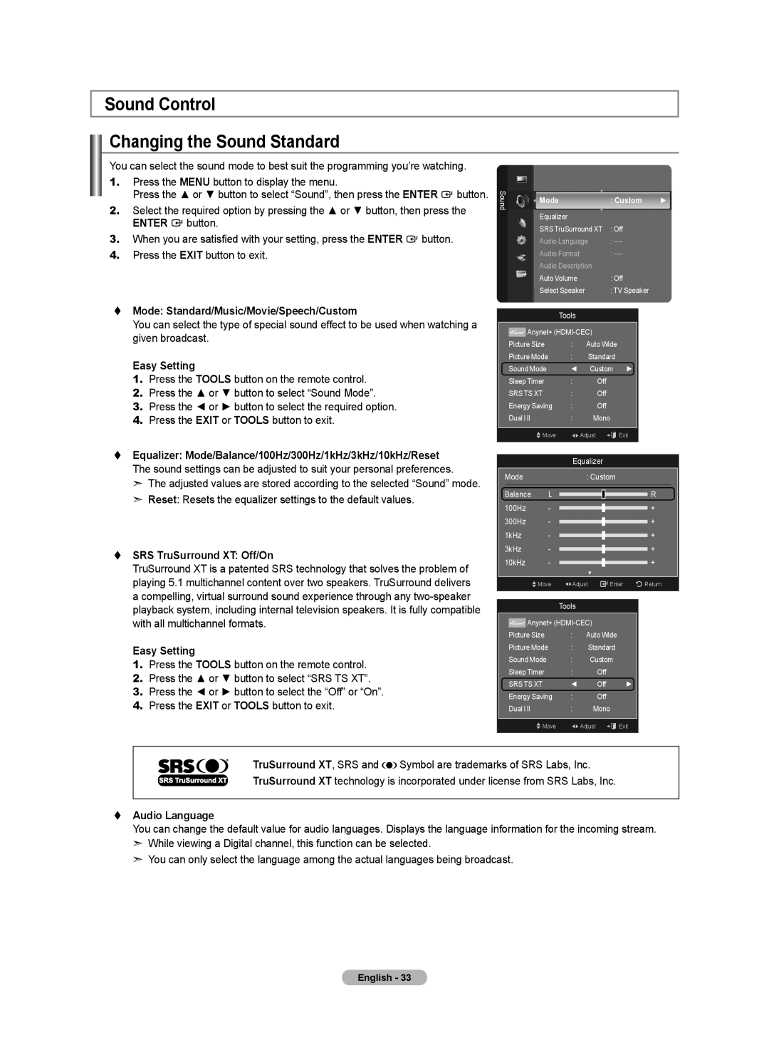 Samsung BN68-01412T-00 user manual Sound Control Changing the Sound Standard,  Mode Standard/Music/Movie/Speech/Custom 