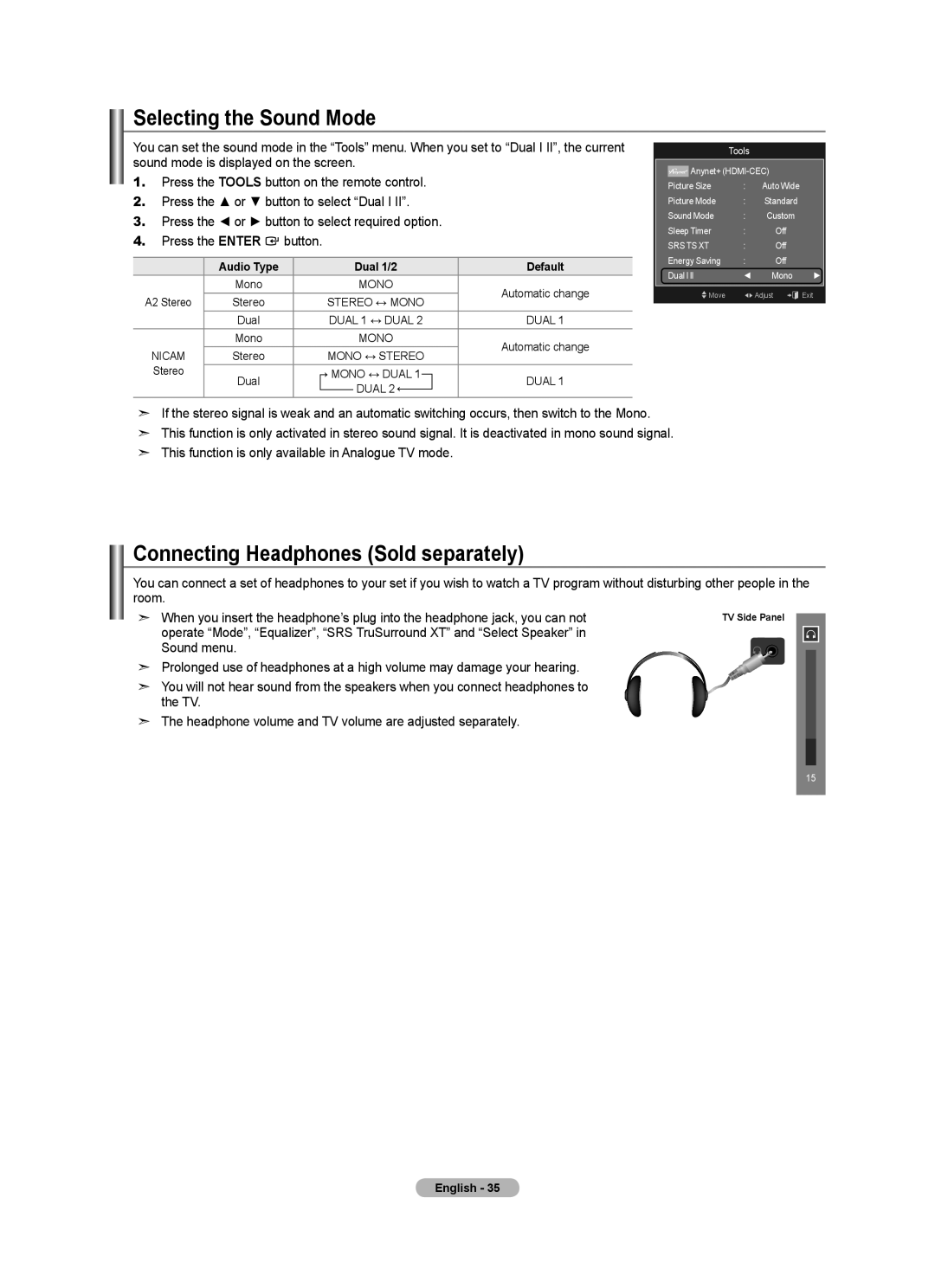 Samsung BN68-01412T-00 user manual Selecting the Sound Mode, Connecting Headphones Sold separately 