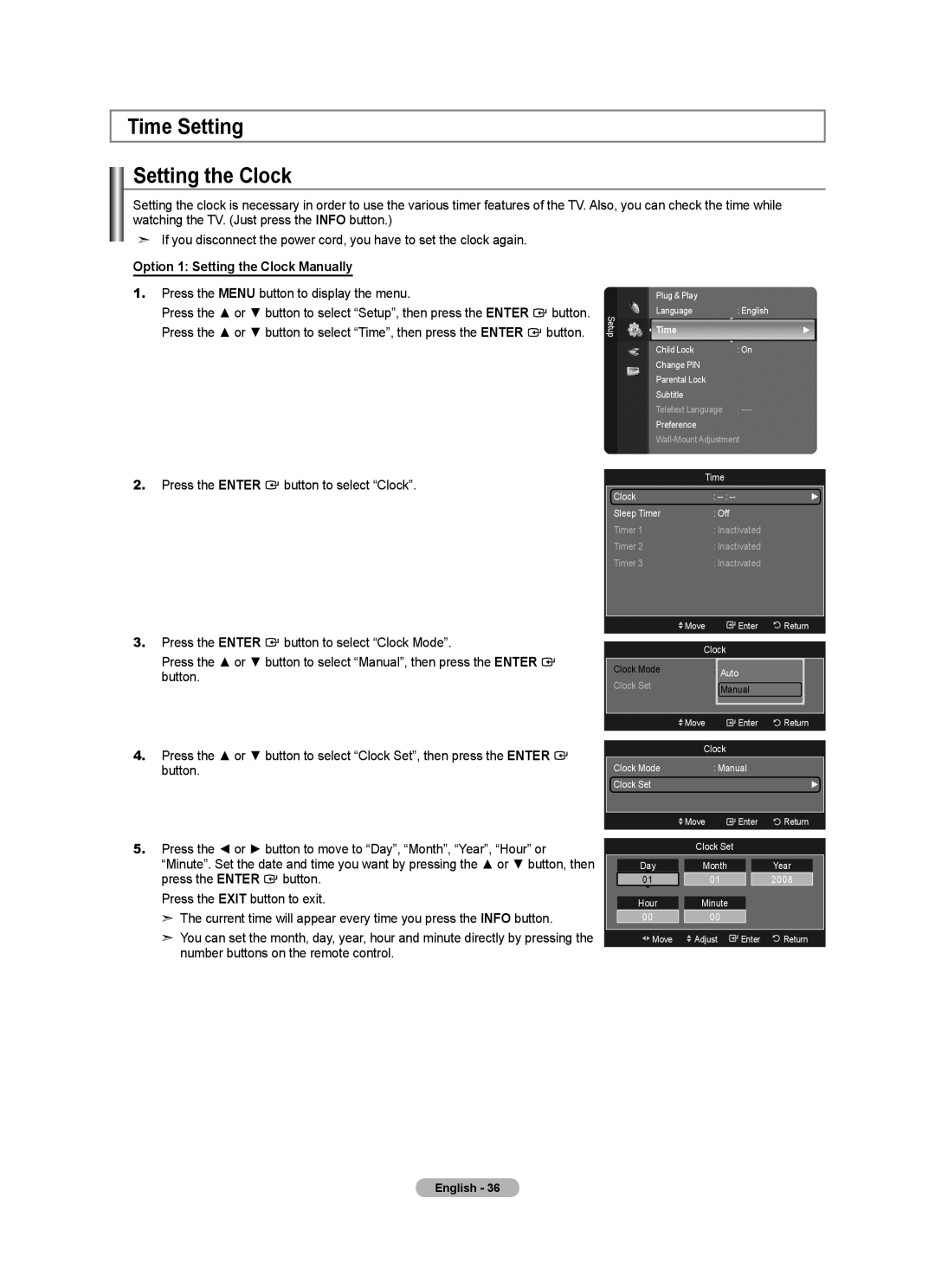 Samsung BN68-01412T-00 user manual Time Setting Setting the Clock, Option 1 Setting the Clock Manually 