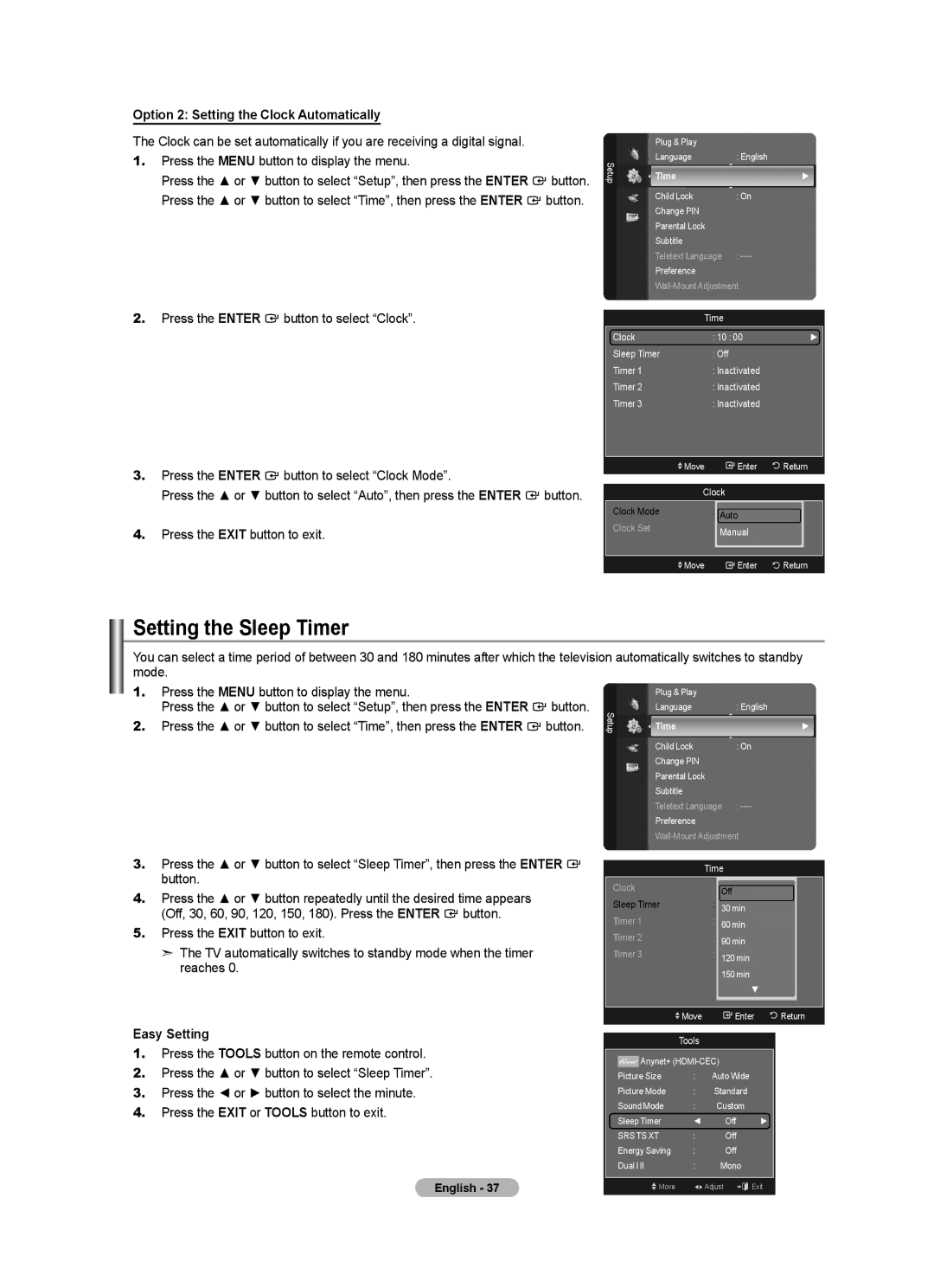 Samsung BN68-01412T-00 user manual Setting the Sleep Timer, Option 2 Setting the Clock Automatically 