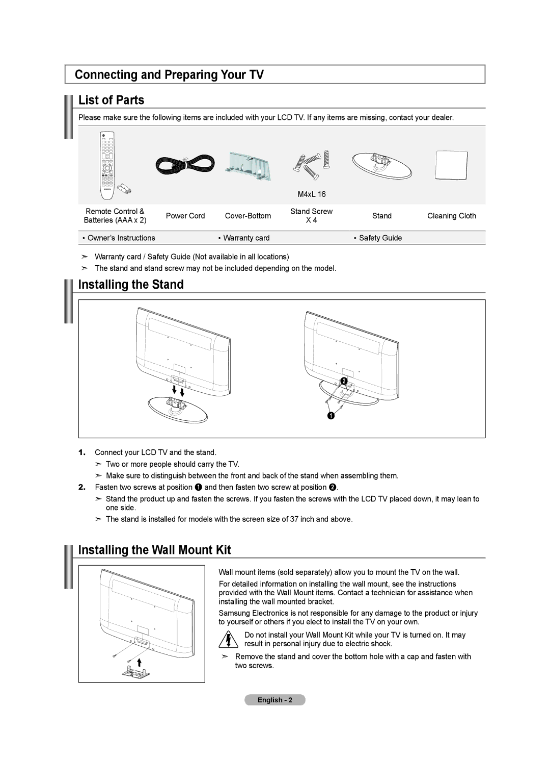 Samsung BN68-01412T-00 Connecting and Preparing Your TV List of Parts, Installing the Stand, Installing the Wall Mount Kit 