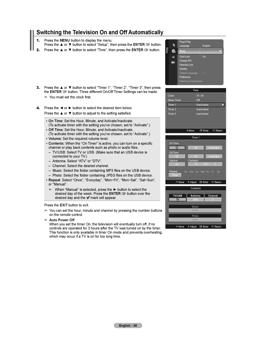 Samsung BN68-01412T-00 Switching the Television On and Off Automatically, You must set the clock first, Auto Power Off 