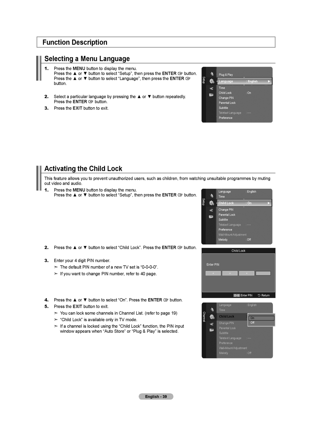 Samsung BN68-01412T-00 user manual Function Description Selecting a Menu Language, Activating the Child Lock 