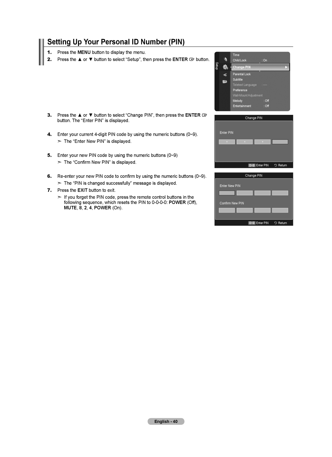 Samsung BN68-01412T-00 user manual Setting Up Your Personal ID Number PIN, Change PIN 