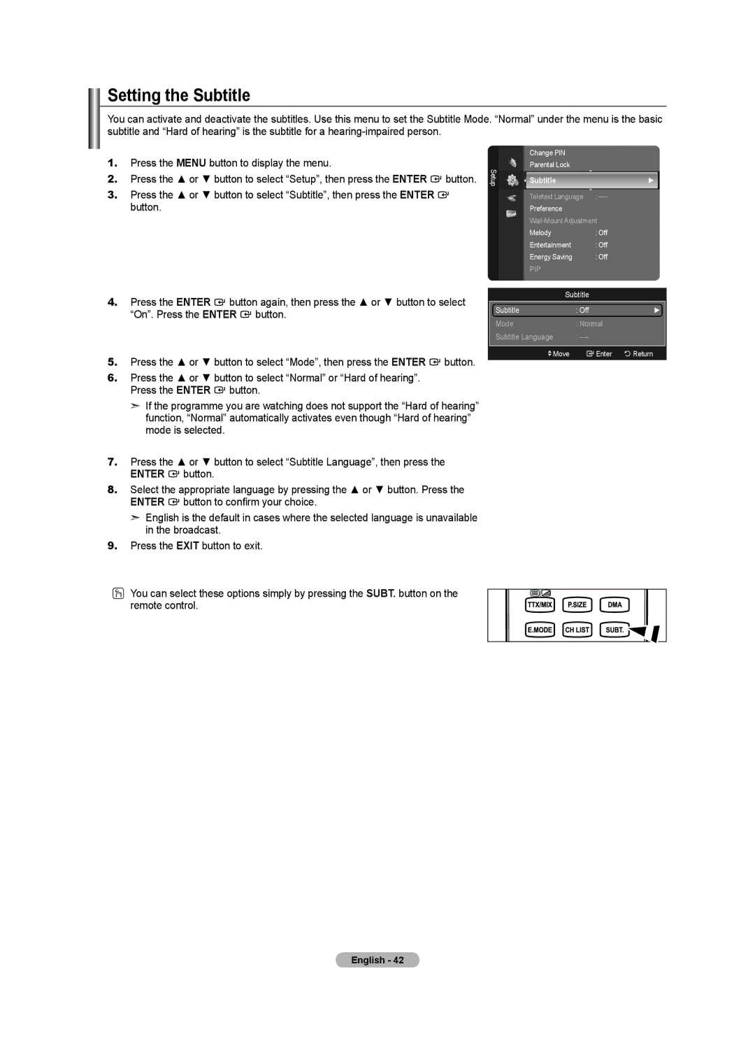 Samsung BN68-01412T-00 user manual Setting the Subtitle 