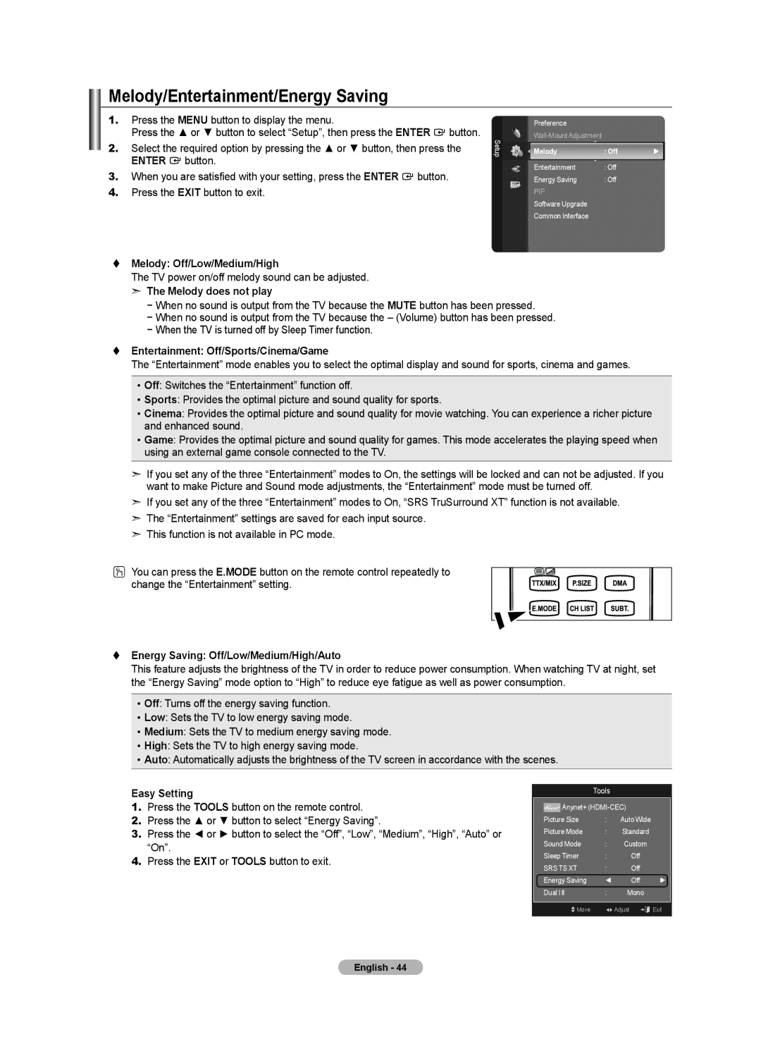 Samsung BN68-01412T-00 user manual Melody/Entertainment/Energy Saving,  Melody Off/Low/Medium/High, Melody does not play 