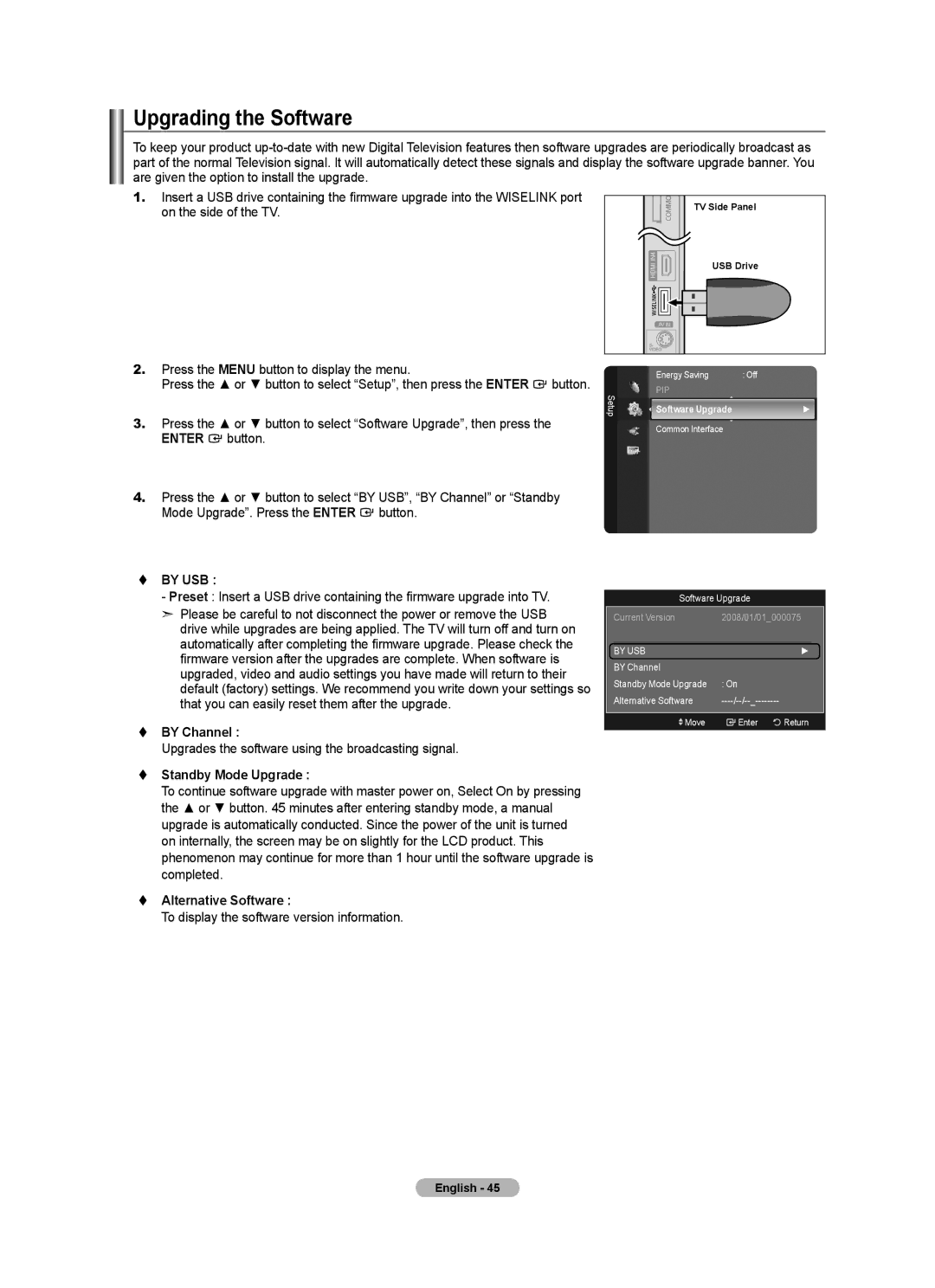 Samsung BN68-01412T-00 Upgrading the Software,  by USB,  by Channel,  Standby Mode Upgrade,  Alternative Software 