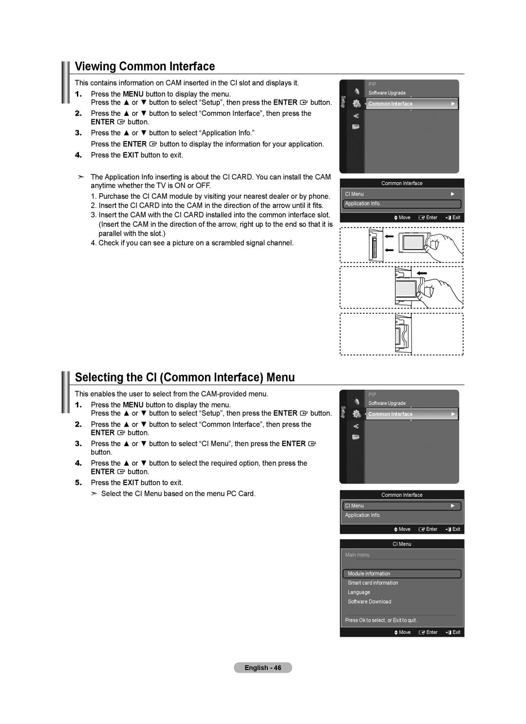 Samsung BN68-01412T-00 Viewing Common Interface, Selecting the CI Common Interface Menu, CI Menu Application Info 